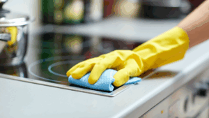 Hand cleaning a stovetop to prevent cockroach infestations